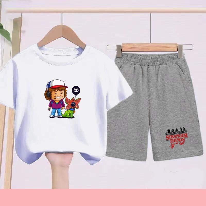 Children's Summer Set with Cartoon Monster Patterns - Boys' and Girls' Sports T-shirts and Casual Short-sleeved Shorts Sets