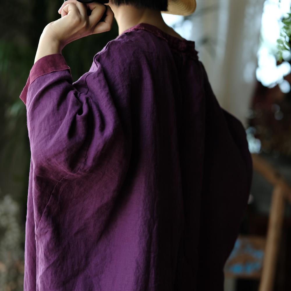 Johnature Frauen Vintage Kleider O-Ausschnitt Fledermaus Ärmel Herbst lose lila chinesischen Stil Frauen Kleid