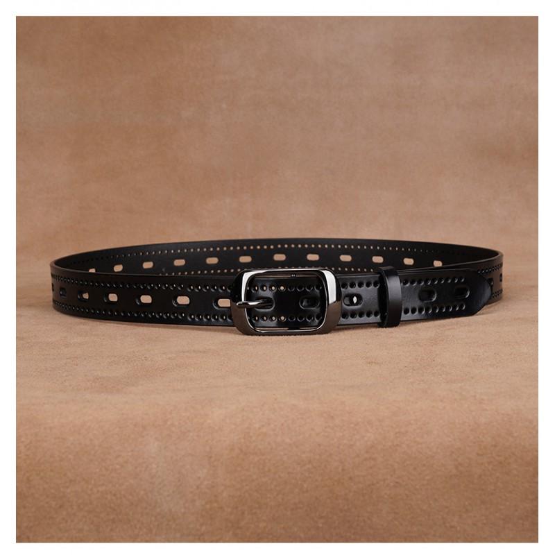 Womens Genuine Leather Belt With Hollow Design Slim Width 2-4cm Adjustable Length Black Coffee Business Casual Pants Jeans