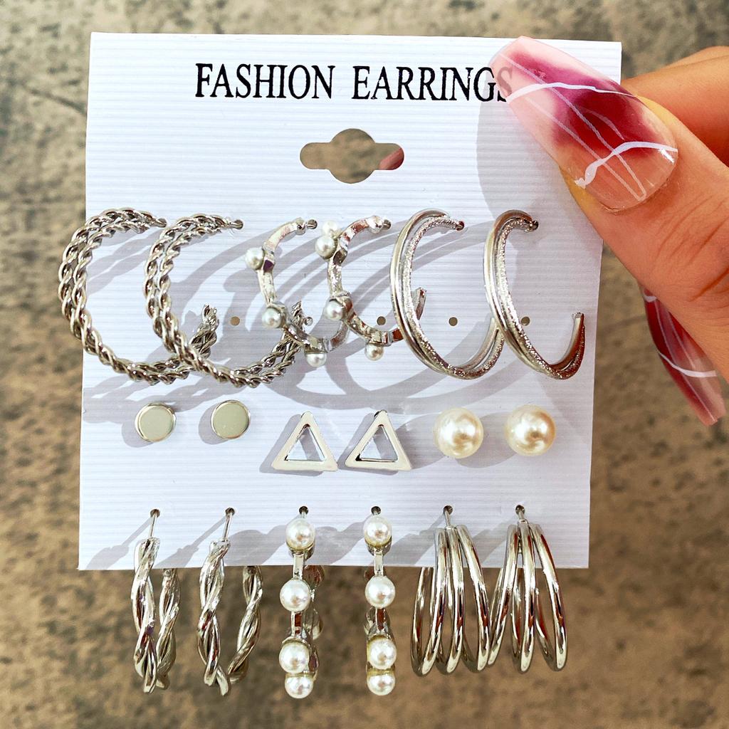 18pcs Bohemian Heart Floral Earring Sets for Women Silver Color Faux Pearl Zircon Geometric C Shape Earrings Daily Wear Jewelry