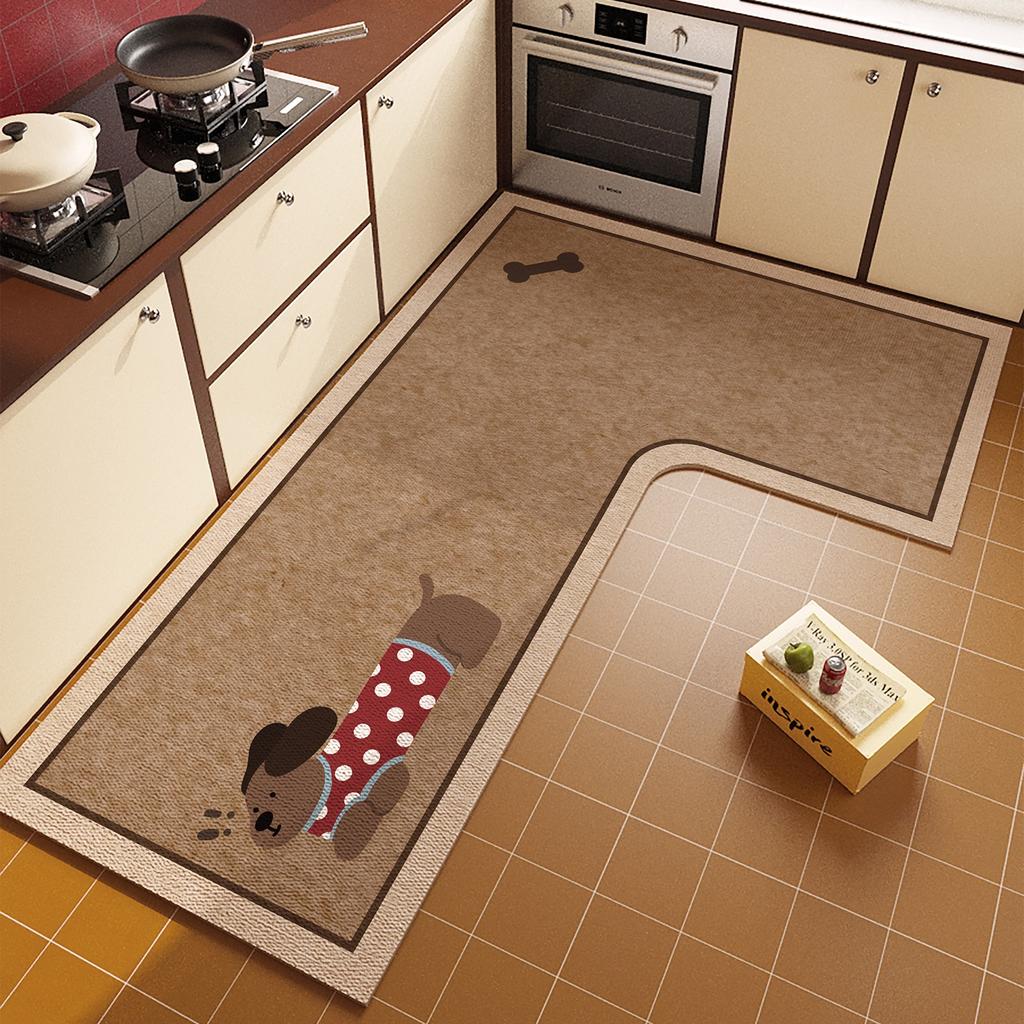 Floor Mat For Kitchen Non-Slip Waterproof Oil-Proof Carpet Cute Paw Pattern Leather Rug L-Shaped Home Decoration Mats