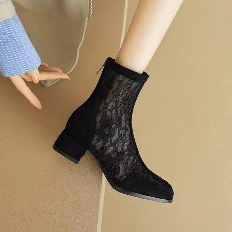 Nové prodyšné síťované krajkové dámské boty Letní kotníkové boty Tenké vysoké podpatky Sexy sandály Chelsea boty Dámský styl