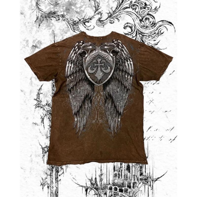 

European and American men s summer Gothic letter bone wing skull print soft and breathable round neck T-shirt outdoor street top 6XL
