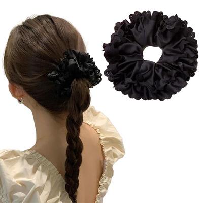 Black Lace-Cut Satin Scrunchie Hair Tie, Choice of Colors, Gentle On Hair, High Elasticity, Stylish Hair Accessory for Women, Mother's Day Gift