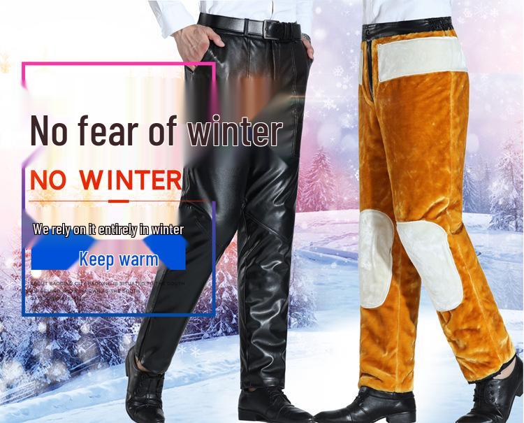 Men's Double-Layer PU Leather Motorcycle Pants with Knee Pads and Waist Support, Fleece-Lined for Warmth