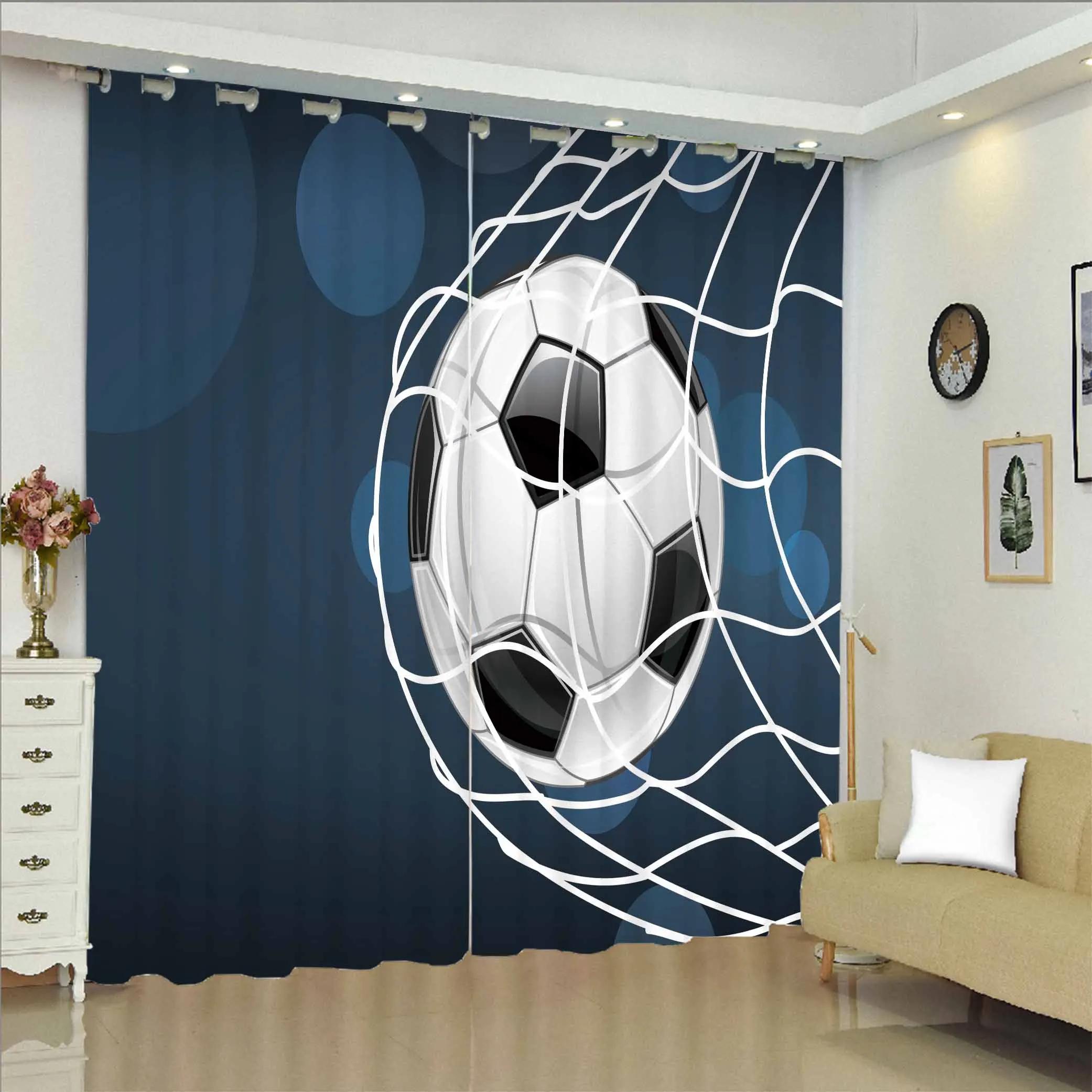 Jongens Voetbal Voetbal Sportthema Balpatroon Raamgordijnen Voor Woonkamer Kinderkamer Badkamer Keukendeur Huisdecoratie 2-delig W50xH130(CM)x2pcs&Grommet Top