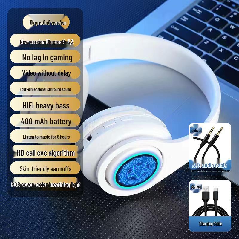 Glowing Noise-Cancelling Wireless Over-Ear Bluetooth Headphones for Sports