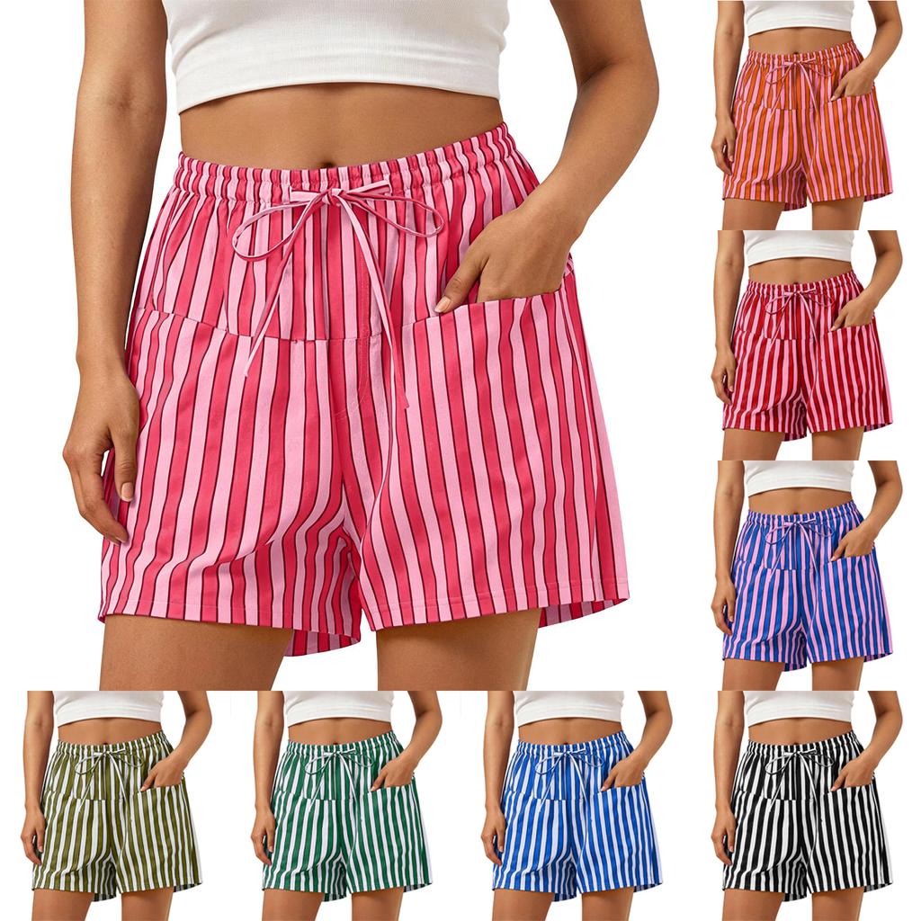 Women's Casual Striped Shorts with Elastic Waist and Drawstring Pockets Lightweight Comfortable Summer Bottoms