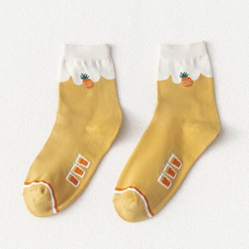 Yellow Mid-calf Women's Socks for Autumn and Winter, Breathable Twisted Cotton Women's Socks, Korean Cartoon Pineapple Socks