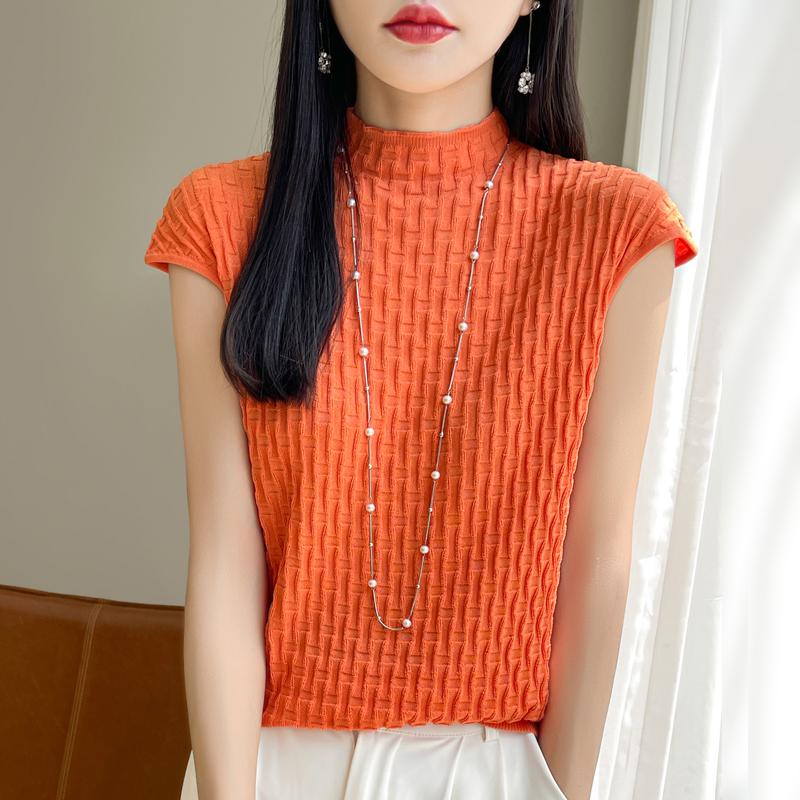 Women T-shirt Tank Summer Knitted T-shirt Short Sleeve Tees Basic Tees Knit Top Pullover Turtleneck Female