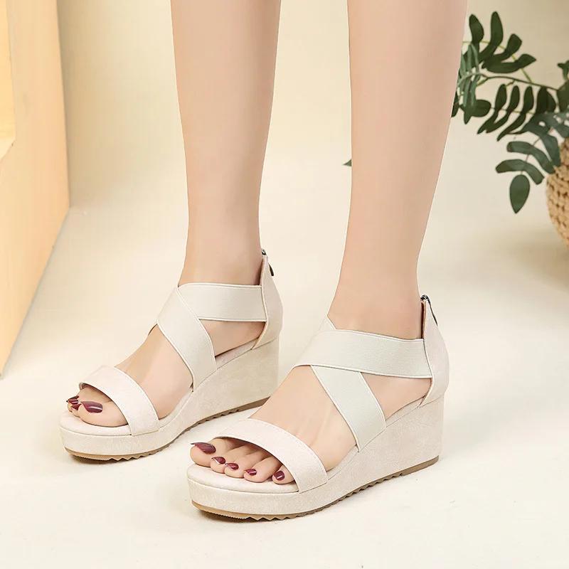 

Fashion New Wedge Sandals for Women 2025 Summer Fashion Cross-strap One Word Roman Shoes Ladies Chunky Soled Back Zip Peep Toe Sandalias 43 бежевый