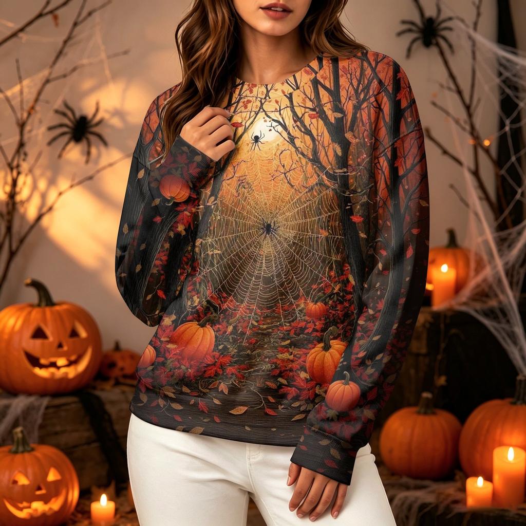 Women's Fashion Casual Long Sleeve Crewneck Sweatshirt with Halloween Print
