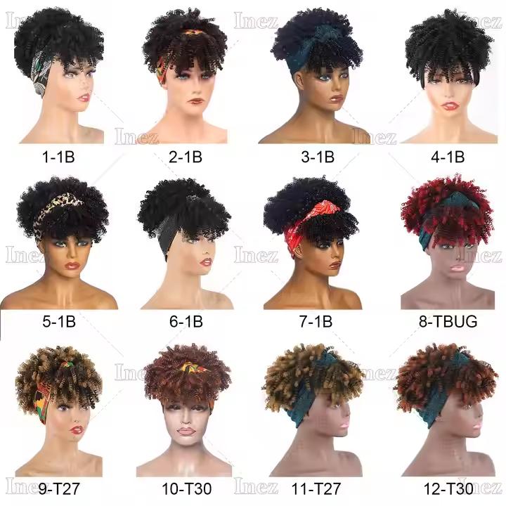 Afro Curly Kinky Synthetic Head Wraps Short Drawstring Puff Wigs with Small Cap Headband Scarf Wigs