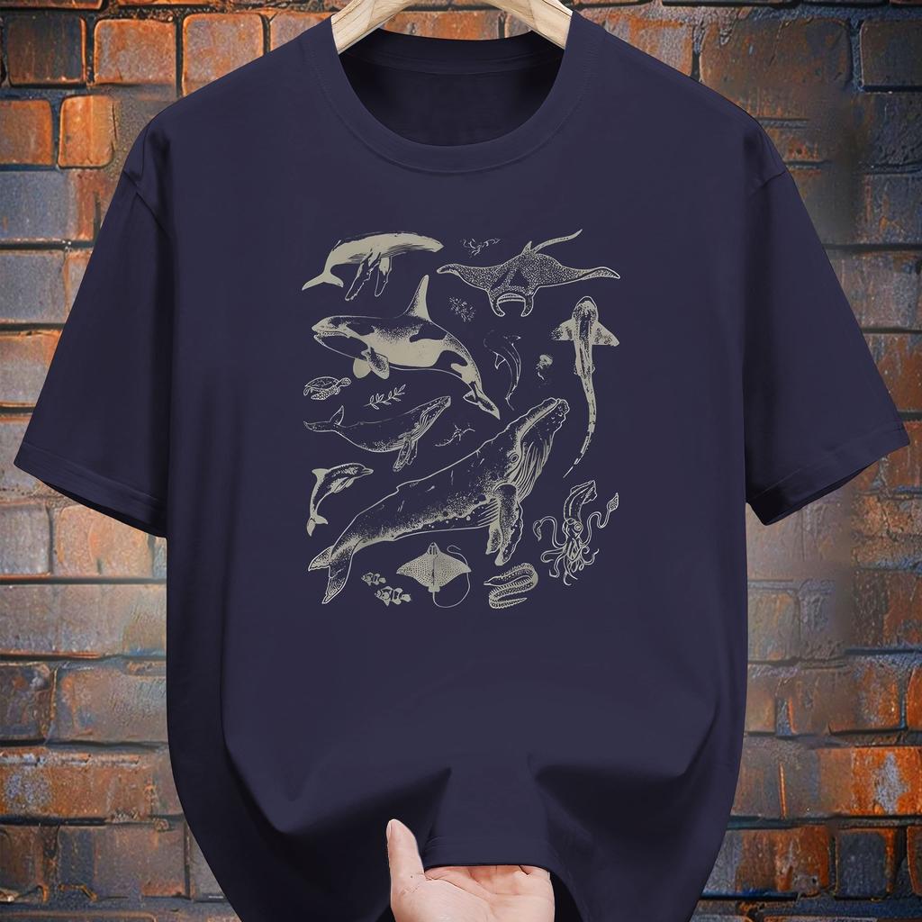 Cotton Print Short Sleeve T-Shirt Whale Shark Design Casual Summer Tee for Adults Round Neck Clothing