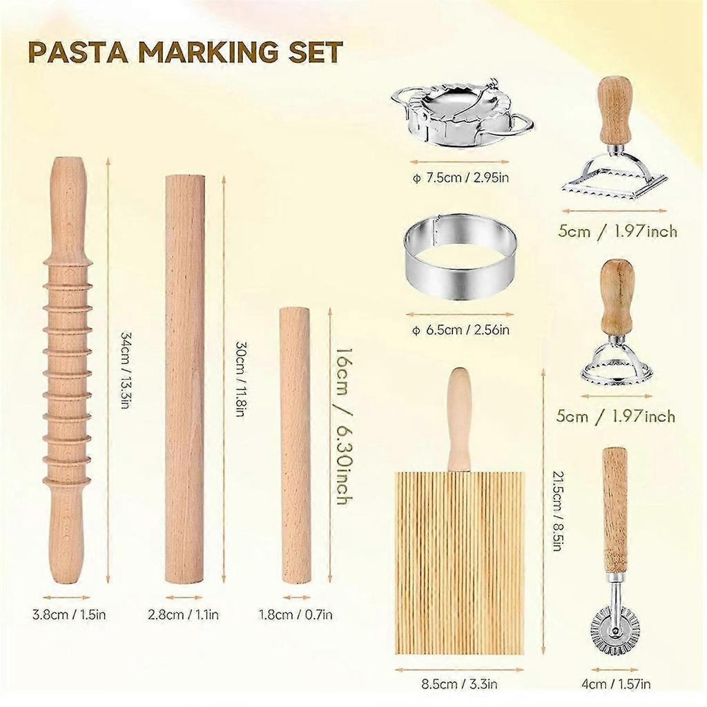 9Pcs Pasta Making Tools Set, Wooden Rolling Pin, Gnocchi Board, Ravioli Stamp Maker Cutter, Pastry Cutter Wheel