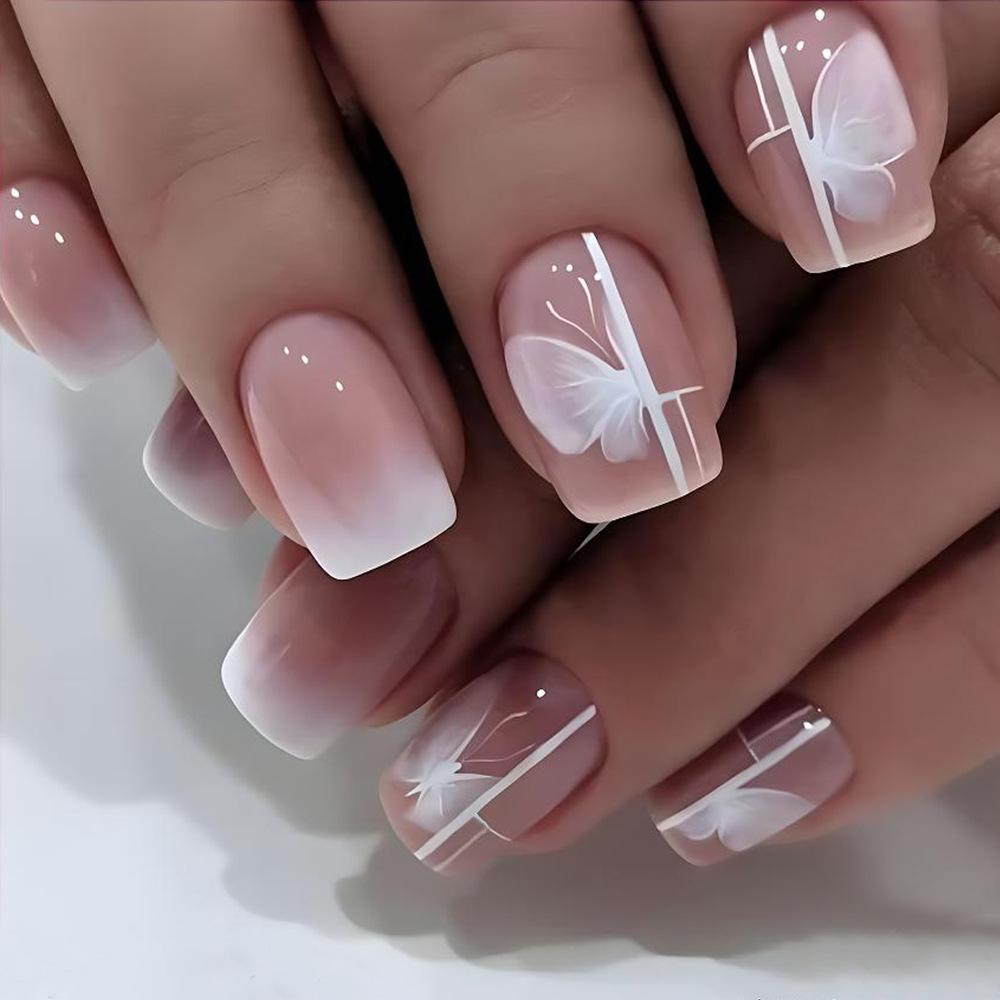 24Pcs Gradient White Short Square Ballet Fake Nails Simple Nude Full Cover Press On Manicure Tips