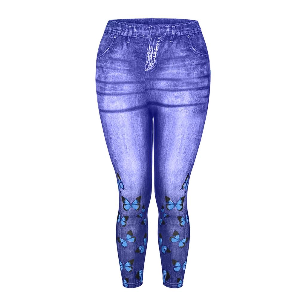 Plus Size 3D Denim Butterfly Print Womens Elastic Waist Leggings Jeggings Pants