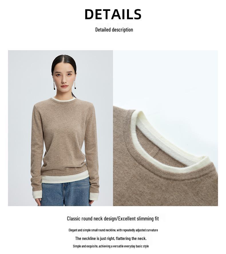 Women's Cashmere Knitwear Round Neck Two-Piece Color Block Slimming Pullover Sweater