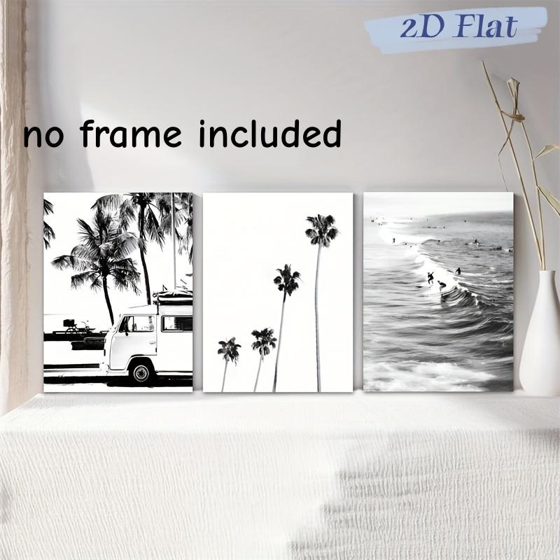 

3pc frameless canvas artwork featuring black and white printing of tropical beach scenes, including surfing, palm trees, and wav (as the picture,20x30cm-3pcs)