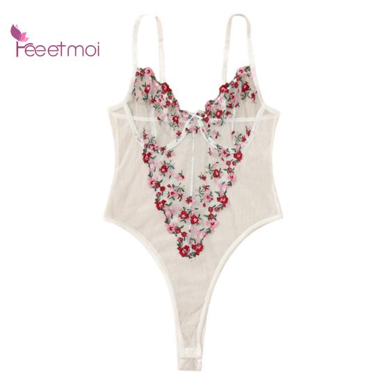 Dámské body Průhledná síťovina Patchwork Slim Sleep Colthes Fit Sexy oblečení Tenké Osvěžující Hubená Nízký střih Dámská kombinéza s květinovými výšivkami bez zad