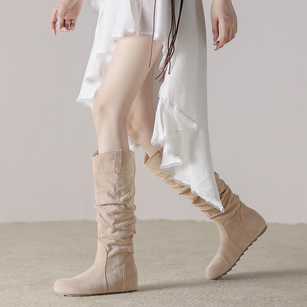 Sheepskin Version 9203-1 Small Round Head Pleated Boots Women's 2025 Autumn and Winter New Temperament Retro Stacking Boots