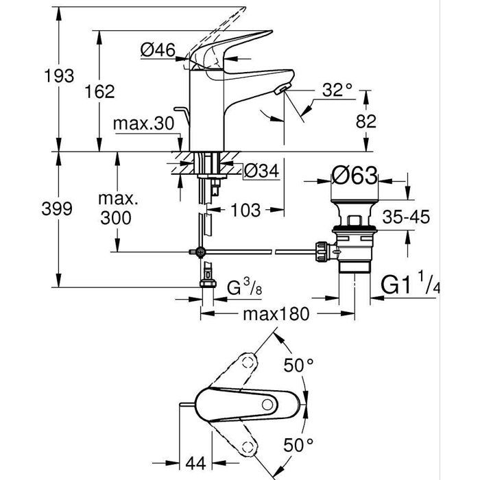 Mitigeur monocommande lavabo - GROHE Swift - 24325001 - Chromé - Taille M - Economie d'eau