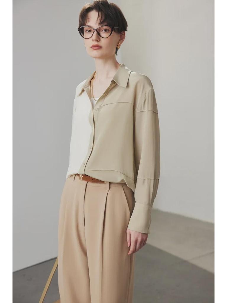 Women's Loose-Fit Silk Shirt - 2025 Spring/Summer, 100% Double Crepe Mulberry Silk, Color-Block Design