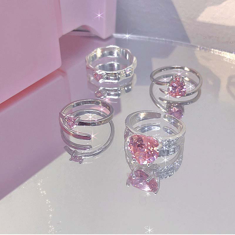 Kpop Pink Zircon Heart Open Ring For Women Girls Luxury Blue Opal Heart Couple Finger Rings Wedding Y2K Jewelry