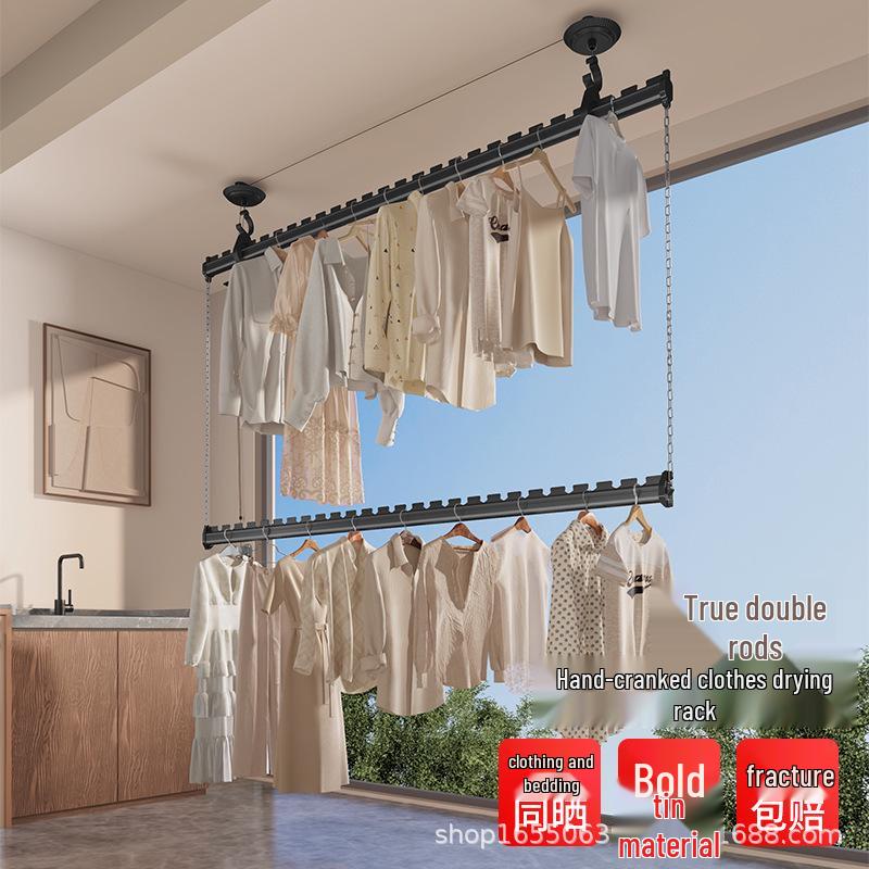 Балконная сушилка для белья с ручным приводом - Двухъярусная и боковая стойка для сушки White - Double Rod - 0.9m