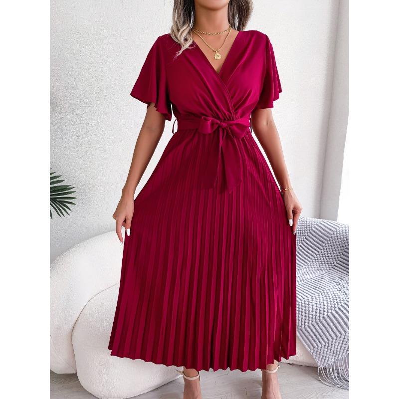 Mode V-Ausschnitt Damen Sommerkleid Kurzarm Lässig Schlicht Einfarbig Plissiert Schnürung Party A-Linien-Kleider Damen Elegante Kleidung