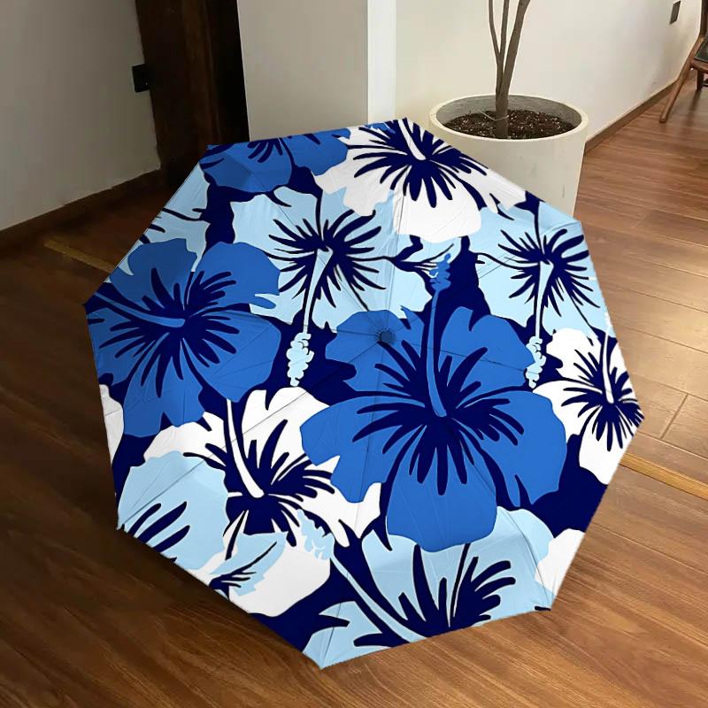 

1pc Blue Floral Print Automatic Folding Umbrella, Portable Collapsible Design, 8-Rib Iron Frame, Outdoor Accessory yy250905093
