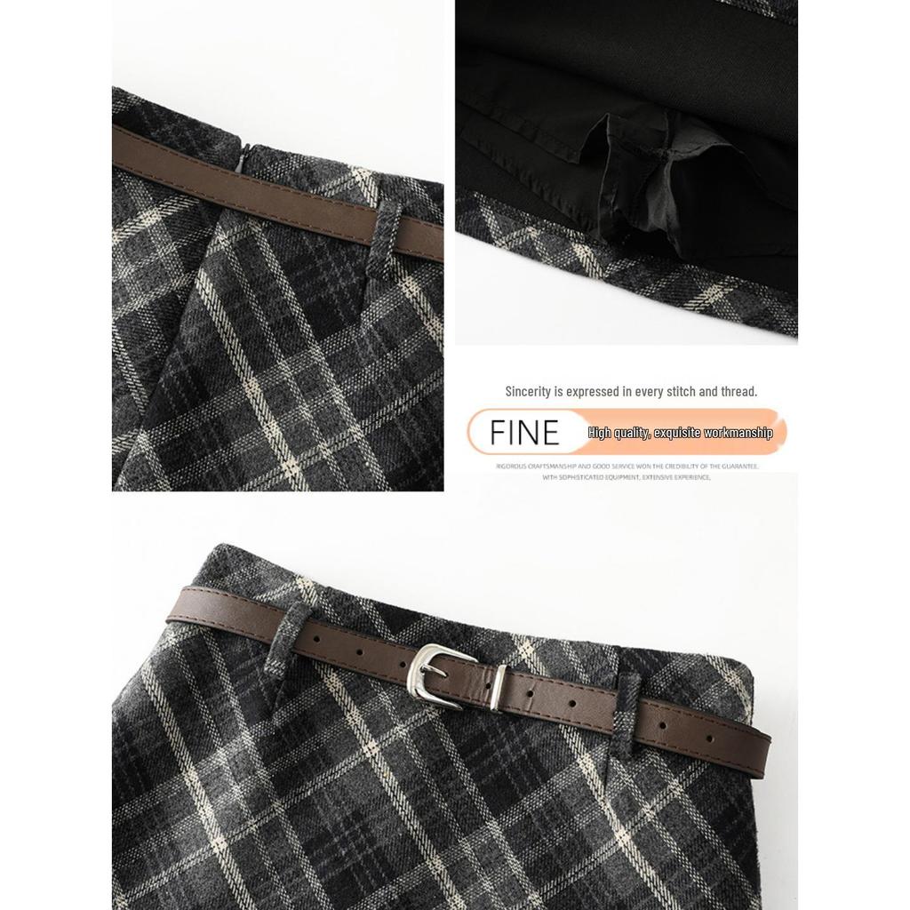 Women's High Waist Plaid Wool A-Line Skirt - Retro Style for Spring and Autumn