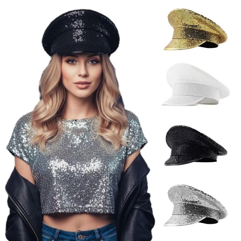 Shiny Embellished Hat Y2k Captain Cap Unisex Design Sequin Flat Top Hat Carnival Festival