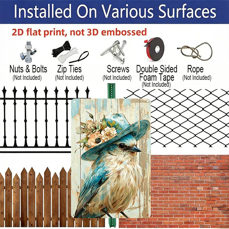 2D Flat - 1pc Vintage Blue Bird with Floral Hat Aluminum Sign - Shabby Chic Wall Decor, Farmhouse Kitchen & Dining Room Wall, Shabby Chic Living Room