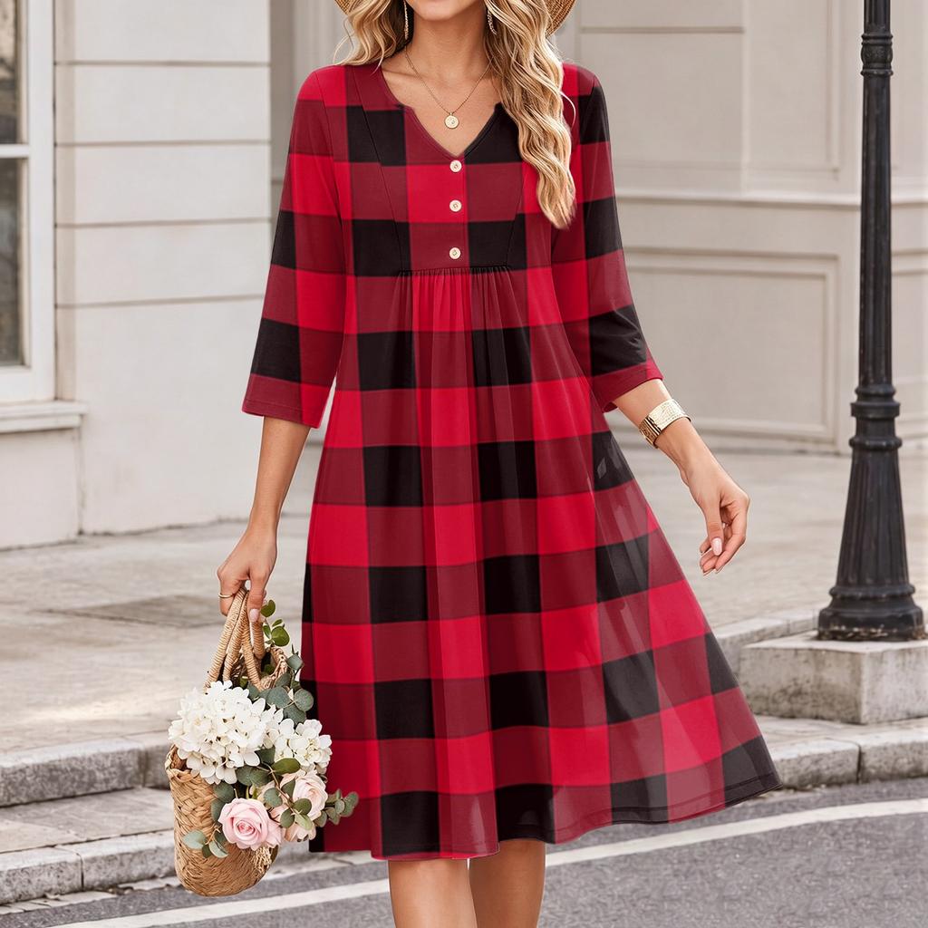 Damen Casual V-Ausschnitt Karomuster Dreiviertelarm Kleid für den Alltag