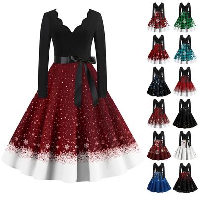 אופנה מזדמנת לנשים עם שרוול ארוך חג המולד מודפס גרפי וינטג' שמלות ארוכות