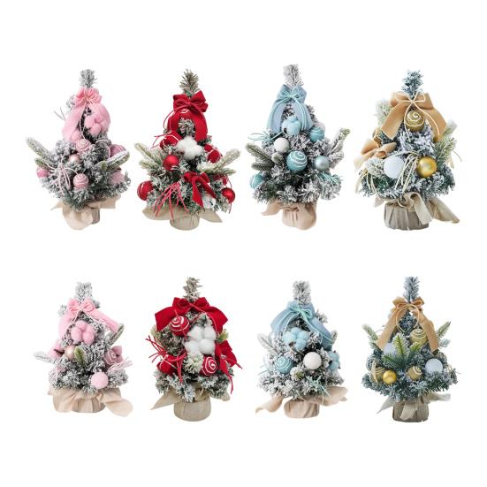 Snowy Mini Christmas Tree Small Tabletop Artificial Flocked Tree with Balls Bow And Cloth Bag Base for Home Office Desk Decor
