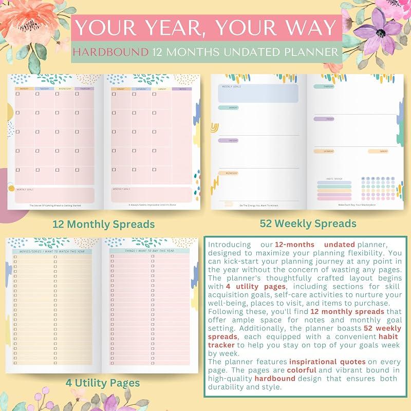 LAURET BLANC Hardbound12Months Undated Planner- A5 Size, 12 Monthly Spreads, 52 Weekly Spreads, Habit Tracker, Utility P