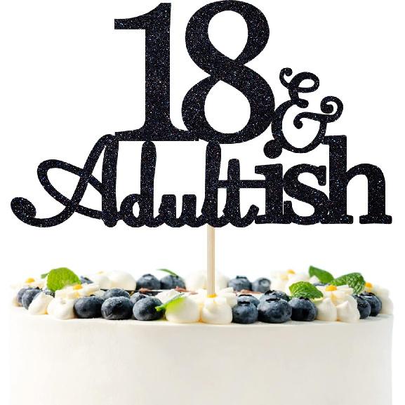 Black Glitter 18 and Adultish Cake Topper for Eighteen Birthday Party, Time To Adult Cake Decorations, 18th Birthday Party Decorations for Girls Boys
