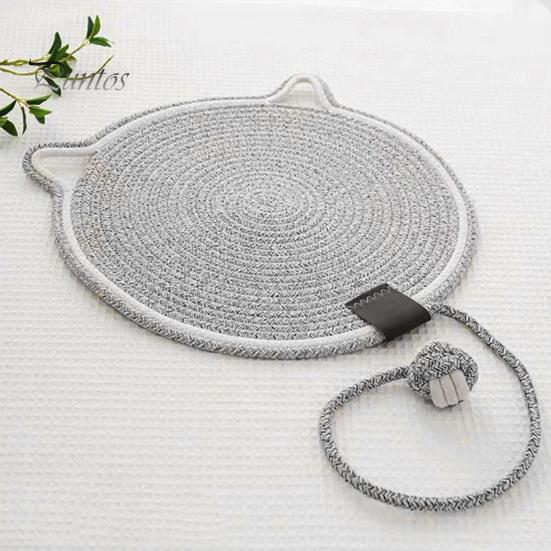 Cat Scratcher Mat Natural Cotton Rope Scratching Mat Cat Ear Design Scratcher with Ball Toy Furniture Protector for Wall Couch Carpet Sofa