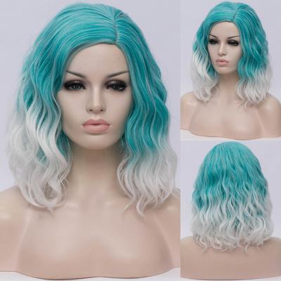 Woman Two Tone Short Synthetic Wigs Gradient White Blue Wavy Ombre Hair Wig for White Women Cosplay Bob Middle Part Line