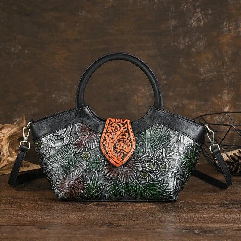 Johnature Genuine Leather Embossed Handbag Handmade Women's Bag Large Capacity Shoulder Crossbody Bag