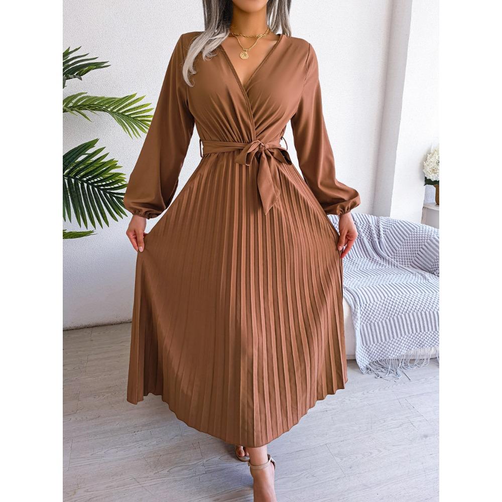 Spring and Summer Temperament Cross V-neck Big Swing Pleated Long Dress Ladies Loose Versatile New Dresses