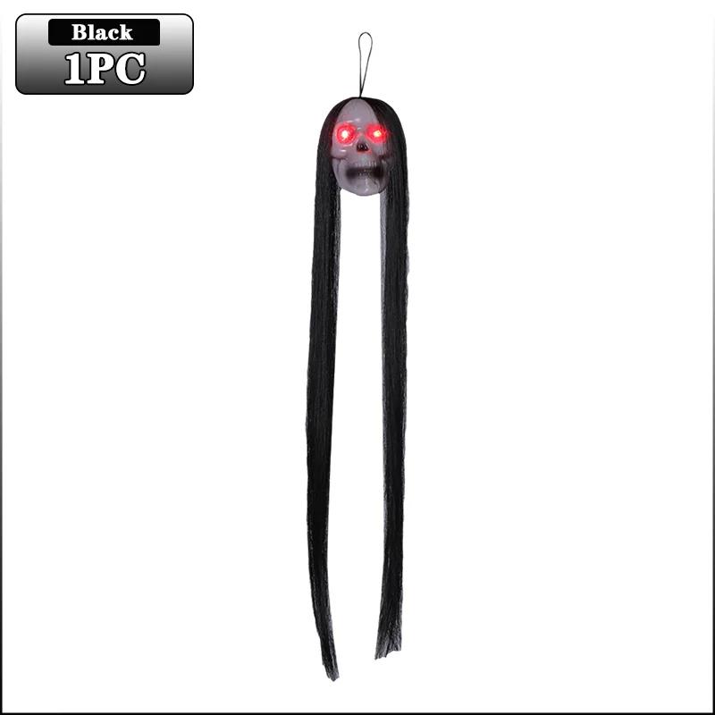 

Halloween Hanging Ghost Skull Decoration with Glowing Eyes Long Hair Skeleton Head Prop for Haunted House Terror Party Scene Use