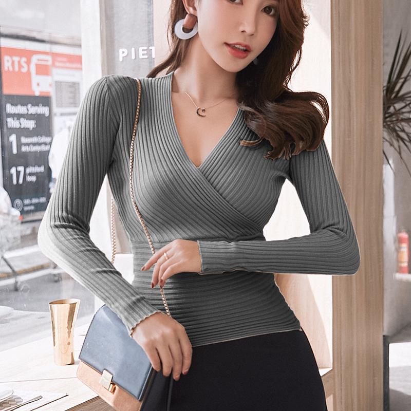 2026 Koreanischer Stil Tiefes V-Ausschnitt Langarm Schlank Geschnitten Strickpullover für Damen - Trendiger Vielseitiger Basisschicht