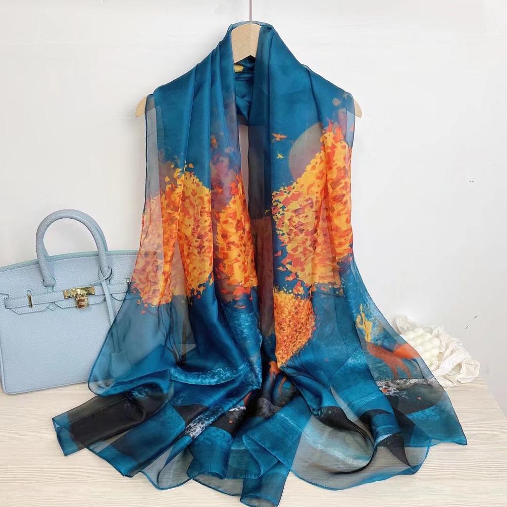 Print Silk Scarf Hijab Women Spring Deisgn Soft Beach Stoles Elegant Head Scarves Echarpe Shawl Satin Large Wrap Echarpe Bandana