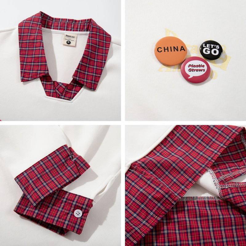 American Vintage Plaid Patchwork Fake Two-Piece Polo Sweatshirt Loose Fit Couple Top Men Women
