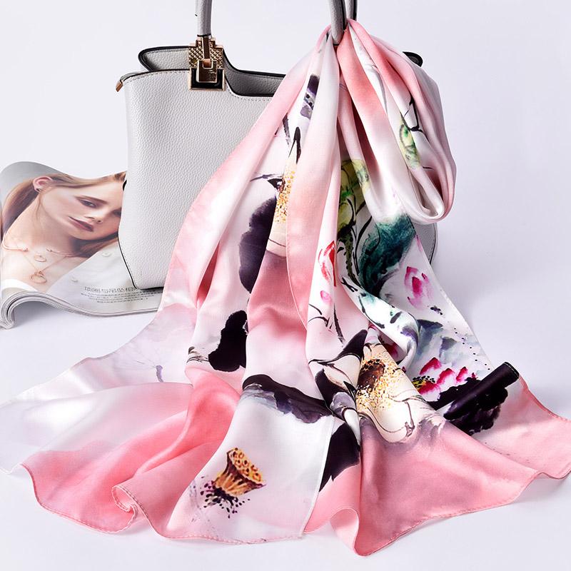 Women 100% Real Silk Long Scarf Luxury Flower Print Chinese Silk Headband Scarves  Natural Silk Shawls Wraps Foulard Femme