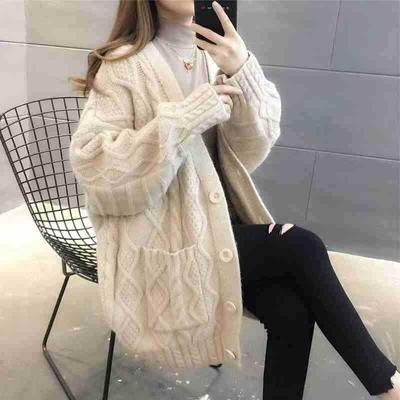 Twisted Solid Color Sweater Jacket Female Lazy Wind Loose Knitted Cardigan Autumn Winter Thickened Large Size Tops Comfortable Versatile Fashionable