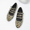 Large size women's shoes round head shallow mouth thick sole non-slip horse hair leopard print single shoes three characters with Mary Jane shoes
